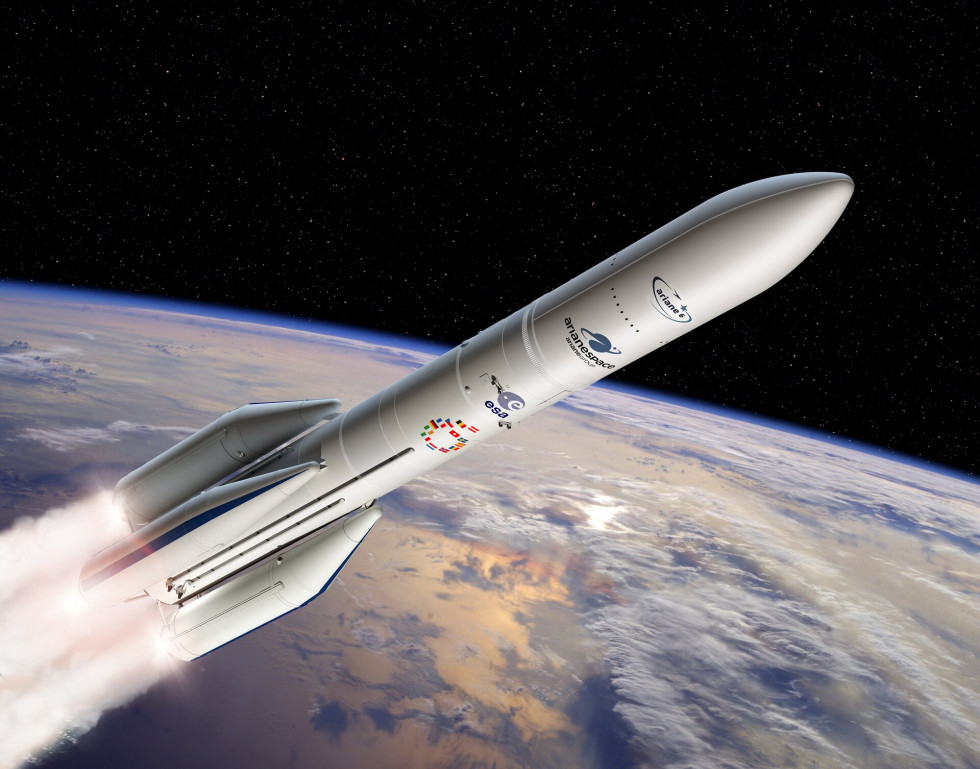 Artist s view of the configuration of Ariane 6 using four boosters A64 pillars